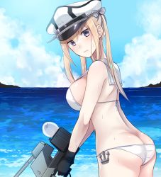 Rule 34 | 1girl, alternate costume, anchor, ass, bad id, bad pixiv id, bare arms, bare shoulders, bikini, black gloves, blonde hair, blue eyes, blush, bow, breasts, butt crack, closed mouth, cosplay, cowboy shot, eko, from behind, gloves, graf zeppelin (kancolle), hair bow, hat, holding, holding weapon, horizon, kantai collection, large breasts, long hair, looking at viewer, looking back, ocean, pale skin, sailor bikini, sailor collar, sideboob, sidelocks, solo, standing, sweatdrop, swimsuit, twintails, v, water, weapon, white bikini, white bow, white hat, z3 max schultz (kancolle), z3 max schultz (kancolle) (cosplay)