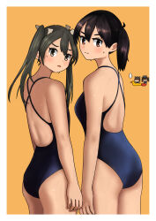 Rule 34 | 4girls, ass, black hair, blue one-piece swimsuit, breasts, brown eyes, commentary request, cowboy shot, flat chest, grey hair, highres, kaga (kancolle), kantai collection, long hair, looking at viewer, looking back, medium breasts, multiple girls, one-piece swimsuit, orange background, ryuujou (kancolle), side ponytail, standing, swimsuit, taihou (kancolle), timmyyen, twintails, yellow eyes, zuikaku (kancolle)