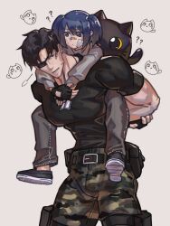Rule 34 | ?, bandaid, belt, black footwear, black hair, camouflage, camouflage pants, carrying, cat, child, child carry, dog tags, eyepatch, father and daughter, fingerless gloves, gloves, heidern, highres, leona heidern, mature male, muscular, muscular male, pants, pouch, stuffed toy, syachiiro, the king of fighters, twintails