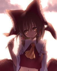 Rule 34 | 1girl, backlighting, bloom, bow, brown eyes, brown hair, detached sleeves, female focus, gohei, hair bow, hakurei reimu, head tilt, japanese clothes, large bow, miko, nana mikoto, navel, outdoors, sky, solo, touhou, upper body, white background