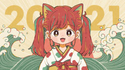 Rule 34 | 1girl, 2021, animal ears, azur lane, bad id, bad pixiv id, brown eyes, cat ears, cat girl, fang, highres, i-19 (azur lane), japanese clothes, kimono, koru koruno, light blush, looking at viewer, multicolored hair, obi, open mouth, red hair, ribbon, sash, short hair, short twintails, sidelocks, skin fang, smile, streaked hair, sunset, twintails, two side up, upper body, waves