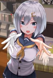 Rule 34 | 1girl, absurdres, blue eyes, blush, breasts, gloves, unworn gloves, grey hair, hair ornament, hairclip, hamakaze (kancolle), heart, highres, indoors, jewelry, kantai collection, large breasts, looking at viewer, monoto, open mouth, outstretched arms, ring, school uniform, serafuku, short hair, short sleeves, single glove, skirt, solo, upper body, wedding band, white gloves