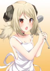 Rule 34 | 1girl, absurdres, apron, arknights, blonde hair, breasts, choker, cleavage, fang, food, food on face, gradient background, highres, holding, horns, ifrit (arknights), ladle, looking at viewer, medium breasts, medium hair, naked apron, open mouth, orange eyes, own hands clasped, own hands together, samalilia, sidelocks, simple background, slit pupils, solo, twintails