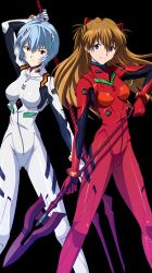 Rule 34 | 2girls, absurdres, ayanami rei, blue eyes, blue hair, bodysuit, brown hair, feet out of frame, highres, holding, holding weapon, lance of cassius, lance of longinus (evangelion), long hair, looking at viewer, multiple girls, neon genesis evangelion, official art, plugsuit, red bodysuit, red eyes, shiny clothes, short hair, skin tight, smile, souryuu asuka langley, weapon, white bodysuit, wide hips