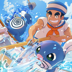 Rule 34 | &gt; &lt;, 1boy, black hair, bucket, clenched teeth, cloud, commentary request, creatures (company), day, from below, game freak, gen 1 pokemon, hat, holding, male focus, nintendo, orange neckwear, outdoors, pants, pokemon, pokemon (creature), pokemon lgpe, poliwag, poliwhirl, sailor (pokemon), shirt, short hair, short sleeves, sky, spilling, standing, teeth, tom (pixiv10026189), water, white pants, white shirt