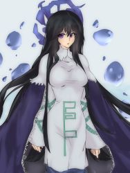 Rule 34 | 1girl, black hair, blue cape, blush, breasts, bubble, cape, dress, elfenlied22, hair between eyes, houshin engi, large breasts, long eyelashes, long hair, long sleeves, looking to the side, purple eyes, ryuukitsu koushu, solo, standing, tight clothes, very long hair, water, wide sleeves