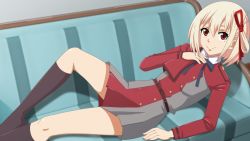 Rule 34 | 1girl, arm support, blonde hair, bow, commission, couch, feet, hair bow, hand on own chest, highres, knees, legs, lycoris recoil, nepiris, nishikigi chisato, nose, red eyes, ribbon, short hair, smile, thighhighs, thighs, uniform