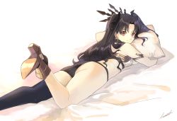Rule 34 | 1girl, armlet, artist request, ass, asymmetrical legwear, bare arms, bare legs, bare shoulders, bed, black hair, black panties, black ribbon, black thighhighs, blush, closed mouth, crown, earrings, fate/grand order, fate (series), female focus, hair ribbon, high heels, highres, hoop earrings, ishtar (fate), jewelry, leg up, legs, long hair, looking at viewer, looking back, lying, hugging object, on bed, on stomach, panties, parted bangs, pillow, pillow hug, red eyes, revealing clothes, ribbon, shoes, single bare arm, single thighhigh, smile, solo, strapless, thighhighs, tohsaka rin, two side up, type-moon, underwear, uneven legwear, yellow high heels