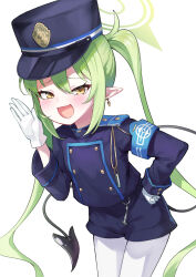 Rule 34 | 1girl, absurdres, black hat, black jacket, black shorts, black tail, blue archive, blush, buttons, cowboy shot, demon tail, double-breasted, earrings, fang, gloves, green hair, green halo, halo, hat, nozomi (blue archive), highres, jacket, jewelry, long hair, long sleeves, open mouth, pantyhose, peaked cap, pointy ears, shinori (efvbji6264), shorts, simple background, single earring, skin fang, smile, solo, tail, twintails, white background, white gloves, white pantyhose, yellow eyes