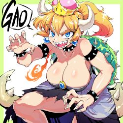 Rule 34 | 1girl, :d, armlet, bare shoulders, black collar, black dress, blonde hair, blue eyes, bowsette, bracelet, breasts, breath weapon, breathing fire, brooch, cleavage, collar, collarbone, crown, dress, earrings, fingernails, fire, gao, hair between eyes, highres, horns, ifelt (tamaki zutama), jewelry, large breasts, long fingernails, long hair, mario (series), new super mario bros. u deluxe, nintendo, open mouth, ponytail, sharp fingernails, sharp teeth, smile, solo, spiked armlet, spiked bracelet, spiked collar, spikes, strapless, strapless dress, super crown, tail, teeth, thick eyebrows, torn clothes, torn dress, turtle shell, v-shaped eyebrows