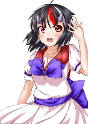 Rule 34 | 1girl, absurdres, blush, bow, collarbone, doanobumogeta, dress, fang, fingernails, grey horns, hand up, highres, horns, kijin seija, looking at viewer, multicolored hair, open mouth, red eyes, sash, short hair, short sleeves, simple background, solo, touhou, transparent background, white background
