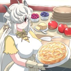 Rule 34 | 1girl, animal ears, apple, apple pie, blueberry, blush, breasts, brown eyes, butter, dessert, dress, extra ears, food, fruit, gloves, hair over one eye, horns, kemono friends, kemono friends 3, large breasts, long hair, looking at viewer, mukouyama mu, ox ears, ox girl, ox horns, pie, plate, raspberry, ribbon, shirt, short sleeves, smile, solo, tail, twintails, very long hair, white hair, yak (kemono friends)