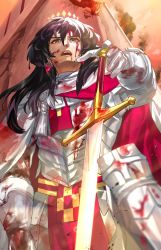 Rule 34 | 1boy, armor, armored boots, black hair, blood, blood from mouth, blood on clothes, blood on face, bloody weapon, boots, broken wall, brown eyes, cloak, constantine xi (fate), debris, earrings, fate/grand order, fate (series), from below, glint, gloves, hair between eyes, halo, highres, jewelry, long hair, looking ahead, male focus, n-bata, on one knee, open mouth, planted, planted sword, planted weapon, reaching, smoke, solo, sword, tassel, upper body, weapon, white armor, white cloak, white gloves