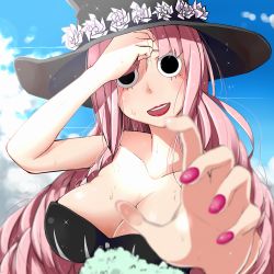Rule 34 | 1girl, breasts, cleavage, female focus, hat, himegami, large breasts, lipstick, long hair, makeup, nail polish, one piece, perona, pink hair, sky, solo