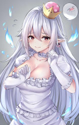 Rule 34 | 1girl, blue fire, blush, boo (mario), breasts, cleavage, collarbone, commentary request, crown, dress, earrings, fire, frilled dress, frilled gloves, frills, gloves, grey background, grey hair, hair between eyes, hands up, highres, jewelry, large breasts, long hair, luigi&#039;s mansion, mario (series), mini crown, new super mario bros. u deluxe, nintendo, pointy ears, princess king boo, puffy short sleeves, puffy sleeves, red eyes, shirt, short sleeves, sidelocks, super crown, very long hair, white gloves, white shirt, ym (distance819)