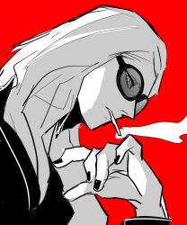 Rule 34 | 1boy, black nails, blonde hair, cigarette, fate/grand order, fate (series), highres, long hair, looking at viewer, male focus, monochrome, nikoxnikoxmark, red background, simple background, smoke, solo, sunglasses, tezcatlipoca (fate), upper body