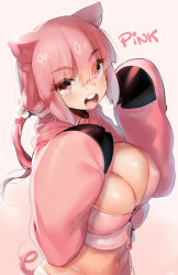 Rule 34 | 1girl, :d, animal costume, animal ears, blush, breasts, cleavage, female focus, freckles, hair ornament, hooves, large breasts, midriff, naso4, navel, open mouth, original, pig ears, pig tail, pink background, pink eyes, pink hair, pink theme, ponytail, round teeth, simple background, smile, solo, tail, teeth
