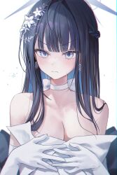 Rule 34 | 1girl, absurdres, bare shoulders, blue archive, blue eyes, blue hair, blue halo, blunt bangs, blush, breasts, choker, cleavage, closed mouth, collarbone, earrings, elbow gloves, gloves, hair ornament, halo, highres, jewelry, large breasts, long hair, looking at viewer, myowa, official alternate costume, saori (blue archive), saori (dress) (blue archive), simple background, solo, upper body, white background, white choker, white gloves