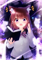 Rule 34 | 1girl, animal ear fluff, animal ears, black hat, blue skirt, book, brown hair, cat ears, commentary request, commission, fang, grey shirt, hands up, hat, highres, holding, holding book, long hair, long sleeves, looking at viewer, notice lines, ooji cha, open book, open mouth, original, pixiv commission, plaid, plaid skirt, purple eyes, shirt, skirt, solo, witch, witch hat