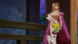 Rule 34 | 2girls, blonde hair, cape, carrot (one piece), convenient censoring, highres, jewelry, multiple girls, naked cape, nami (one piece), nude filter, one piece, orange hair, outdoors, public indecency, public nudity, thighs, third-party edit