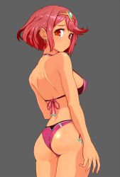 Rule 34 | 1girl, ass, bikini, breasts, highres, large breasts, looking at viewer, nintendo, pyra (xenoblade), red eyes, red hair, shirosu, short hair, simple background, solo, swimsuit, tan, xenoblade chronicles (series), xenoblade chronicles 2, xenoblade chronicles (series), xenoblade chronicles 2