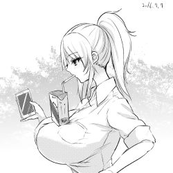 Rule 34 | 1girl, 2016, blush, breasts, cellphone, dated, drinking, drinking straw, female focus, gradient background, greyscale, high ponytail, huge breasts, juice box, kurokawa otogi, long hair, monochrome, object on breast, original, otogi (s in w), phone, ponytail, sleeves rolled up, smartphone, solo, upper body, white background