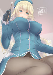 Rule 34 | 10s, 1girl, atago (kancolle), black gloves, blonde hair, blue hat, blush, breasts, copyright name, gloves, green eyes, hat, kantai collection, lap pillow invitation, large breasts, long hair, looking at viewer, military, military uniform, miyamoto issa, pantyhose, personification, smile, solo, uniform