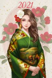 Rule 34 | 1girl, 2021, absurdres, brown eyes, brown hair, floral print, flower, green kimono, hair flower, hair ornament, highres, japanese clothes, kimono, long hair, looking at viewer, muxia yue nai, obi, original, own hands together, red flower, sash, simple background, solo, standing
