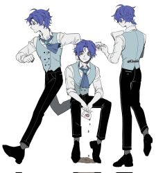 Rule 34 | 1boy, 3cnfw, ascot, black footwear, black pants, blue ascot, blue hair, blue vest, chesed (project moon), closed mouth, coffee, collared shirt, cup, full body, highres, holding, holding cup, lobotomy corporation, looking to the side, male focus, mug, multiple views, pants, project moon, shirt, shoes, simple background, smile, solo, vest, white background, yellow eyes