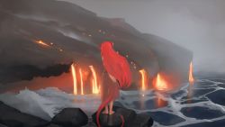 Rule 34 | 1girl, bare shoulders, barefoot, brown skirt, day, dragon girl, dragon horns, dragon tail, facing away, foam, from behind, highres, horns, long hair, lava, ocean, original, outdoors, paintrfiend, red hair, scenery, skirt, solo, standing, steam, tail, torn clothes, very long hair, water, waves