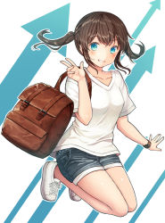 Rule 34 | 1girl, arrow (symbol), backpack, bad id, bad pixiv id, bag, blue eyes, blue shorts, blush, breasts, collarbone, commentary request, full body, hand up, kurata rine, long hair, looking at viewer, no socks, original, outline, parted lips, shirt, shoes, short shorts, short sleeves, shorts, sidelocks, small breasts, smile, solo, twintails, v, watch, white background, white footwear, white outline, white shirt, wristwatch