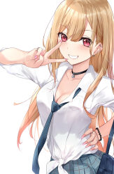 Rule 34 | 1girl, asle, bag, black choker, black necktie, blush, breasts, choker, cleavage, collarbone, collared shirt, commentary request, dress shirt, front-tie top, grey skirt, grin, hair between eyes, hand on own hip, kitagawa marin, light brown hair, long hair, looking at viewer, medium breasts, nail polish, necktie, pink nails, pleated skirt, red eyes, school bag, school uniform, shirt, short sleeves, simple background, skirt, smile, solo, sono bisque doll wa koi wo suru, tied shirt, v over mouth, very long hair, white background, white shirt