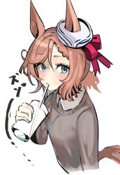 Rule 34 | 1girl, animal ears, blue eyes, bow, brown hair, commentary request, cup, drinking straw, grey sweater, hat, hat bow, holding, holding cup, horse ears, long sleeves, red bow, short hair, simple background, solo, solokitsune, sweater, tail, umamusume, upper body, venus paques (umamusume), white background, white hat