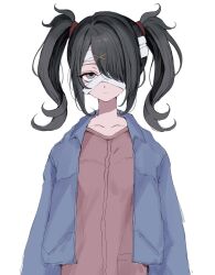 Rule 34 | 1girl, ame-chan (needy girl overdose), bandage over one eye, bandaged head, bandages, black hair, blue jacket, cosplay, expressionless, grey eyes, hair ornament, hair over one eye, highres, jacket, looking at viewer, medium hair, needy girl overdose, oota kanako, oota kanako (cosplay), open clothes, open jacket, shizuku (game), simple background, sketch, solo, twintails, upper body, white background, x hair ornament, yuyuyuyhz