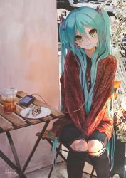 Rule 34 | 1girl, aqua eyes, aqua hair, bad id, bad pixiv id, between legs, blush, cake, commentary, cup, digital media player, drinking straw, food, fork, hair ornament, hand between legs, hatsune miku, head tilt, headphones, highres, legs together, long hair, plate, sitting, smile, solo, takepon1123, twintails, very long hair, vocaloid