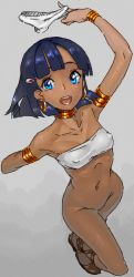 Rule 34 | 1990s (style), 1girl, armband, blue eyes, bob cut, bottomless, bracelet, collarbone, covered erect nipples, cross-laced sandals, dark-skinned female, dark skin, earrings, flat chest, from above, fushigi no umi no nadia, grey background, hair ornament, hairclip, happy, holding, holding clothes, holding panties, holding underwear, jewelry, kawarage, looking at viewer, nadia la arwall, navel, neck ring, no panties, panties, purple hair, retro artstyle, running, short hair, simple background, smile, solo, strapless, tube top, underwear, white panties, wide hips