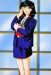 Rule 34 | 1990s (style), 1girl, adjusting eyewear, black eyes, black hair, blue skirt, book, braid, feet out of frame, hair over shoulder, holding, holding book, jacket, kinomiya yukari, long hair, looking at viewer, office lady, official art, open clothes, open jacket, open mouth, retro artstyle, rimless eyewear, scan, skirt, solo, standing, super real mahjong, tanaka ryou, twin braids, window