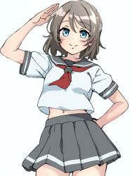 Rule 34 | 1girl, absurdres, blue eyes, closed mouth, commentary request, cowboy shot, grey hair, grey sailor collar, grey skirt, hand on own hip, hand up, highres, looking at viewer, love live!, love live! sunshine!!, midriff peek, miniskirt, navel, neckerchief, parted bangs, pleated skirt, red neckerchief, sailor collar, salute, school uniform, shirt, short hair, short sleeves, simple background, skirt, smile, solo, ukitaryu, uranohoshi school uniform, watanabe you, white background, white shirt