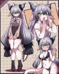 Rule 34 | 1girl, ahoge, bell, bikini, black bikini, black choker, black skirt, blush, bracelet, breasts, bright pupils, cameltoe, choker, colored skin, commission, dragon girl, dragon horns, embarrassed, facial mark, furry, furry female, glasses, go (1o22g), green eyes, grey hair, grid background, high-waist skirt, horns, jewelry, jingle bell, large breasts, long hair, long sleeves, low-tied long hair, multicolored skin, neck bell, one eye closed, open mouth, original, own hands together, pleated skirt, round eyewear, shirt tucked in, shoes, skirt, socks, solo, spoken blush, strap slip, sweatdrop, swimsuit, tail, very long hair, white pupils, yawning