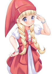 Rule 34 | 1girl, absurdres, blonde hair, blue eyes, blunt bangs, bracelet, braid, dragon quest, dragon quest xi, dress, hat, highres, jewelry, kaede (maple4rt), layered dress, long hair, looking at viewer, puffy short sleeves, puffy sleeves, red dress, red hat, short sleeves, smile, solo, twin braids, veronica (dq11), white background, white dress