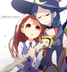 Rule 34 | 2girls, blue hair, breasts, brown hair, closed eyes, closed mouth, collared shirt, commentary request, copyright name, english text, eyelashes, glasses, hand on another&#039;s head, hat, holding, kagari atsuko, koshou shichimi, little witch academia, long sleeves, looking up, luna nova school uniform, multiple girls, neck ribbon, open mouth, pale skin, purple vest, red eyes, ribbon, school uniform, shiny rod (little witch academia), shirt, smile, sparkle, teacher and student, tongue, ursula callistis, vest, white shirt, witch hat