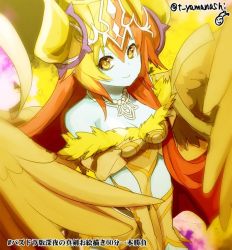 Rule 34 | 1girl, bad id, bad pixiv id, bare shoulders, blonde hair, blue skin, breasts, cleavage, collarbone, colored skin, demon girl, demon horns, feathered wings, female focus, fur trim, gem, halo, hera-sowilo (p&amp;d), hera (p&amp;d), horn ornament, horn ring, horns, jewelry, long hair, looking at viewer, multicolored hair, necklace, off shoulder, orange hair, pearl (gemstone), pearl necklace, puzzle &amp; dragons, short sleeves, smile, solo, standing, symbol-shaped pupils, tiara, twitter username, two-tone hair, upper body, wings, yamanashi taiki, yellow eyes, yellow theme