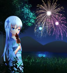 Rule 34 | 1girl, aerial fireworks, blue eyes, blue hair, boat, cazma (leadreload), cowboy shot, expressionless, fireworks, floral print, food in mouth, grass, hair ornament, holding, ikayaki, japanese clothes, kimono, lake, long hair, looking at viewer, mountain, night, obi, original, outdoors, sash, sky, solo, star (sky), starry sky, branch, very long hair, watercraft, yukata
