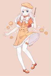Rule 34 | 1girl, bad id, bad pixiv id, blue eyes, blush, cookie run, cream puff cookie, diten, full body, hat, long hair, simple background, skirt, solo, thighhighs, white thighhighs