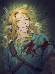 Rule 34 | 1boy, belt, blonde hair, blood, blood from mouth, blood on clothes, blood on face, blue shirt, brown belt, commentary request, earrings, grass, highres, injury, jewelry, link, long hair, lying, male focus, nintendo, on back, on grass, outdoors, parted lips, pointy ears, shirt, sidelocks, solo, sumooo (ga ilil), the legend of zelda, the legend of zelda: breath of the wild, torn clothes, torn shirt, unconscious, upper body