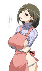 Rule 34 | 1girl, :d, apron, black eyes, black hair, blush, bow, breast hold, breasts, clothes lift, covered erect nipples, cowboy shot, crossed arms, from side, grey panties, haganemaru kennosuke, head tilt, holding own arm, housewife, huge breasts, lips, looking at viewer, mature female, md5 mismatch, mole, naughty face, no pants, open mouth, panties, panty pull, resolution mismatch, ribbed sweater, shinken-zemi, sideboob, simple background, skindentation, smile, solo, source smaller, standing, sweater, sweater lift, swept bangs, translated, turtleneck, underwear, white background, wide hips, zemi mama