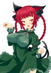 Rule 34 | 1girl, animal ears, blunt bangs, braid, breasts, cat ears, cat tail, dress, highres, himenomikan, kaenbyou rin, large breasts, looking at viewer, multiple tails, paw pose, red eyes, red hair, solo, tail, touhou, twin braids