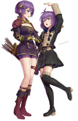 Rule 34 | 2girls, age comparison, arm up, arrow (projectile), bernadetta von varley, bob cut, breasts, cleavage, dual persona, fingers together, fire emblem, fire emblem: three houses, garreg mach monastery uniform, gloves, gonzarez, hair ornament, height difference, highres, hood, index fingers together, looking at another, multiple girls, nintendo, open mouth, pouch, purple hair, quiver, school uniform, short hair, shorts, shorts under skirt, simple background, skirt, thigh pouch, thigh strap, thighhighs, white background