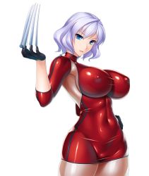 Rule 34 | 00s, 1girl, armpits, blue eyes, breasts, claws, covered erect nipples, covered navel, female focus, gloves, hand on own hip, highres, impossible clothes, large breasts, latex, lilith-soft, looking at viewer, no bra, parted lips, rindou (radical dream), shiny clothes, short hair, silver hair, skin tight, smile, solo, sybil (taimanin asagi), taimanin (series), taimanin asagi, taimanin asagi kessen arena
