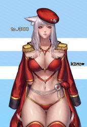 Rule 34 | 1girl, absurdres, animal ears, artist name, bad id, bad pixiv id, beret, bikini, blunt bangs, breasts, closed mouth, commentary request, commission, detached sleeves, dungeon and fighter, epaulettes, gluteal fold, hands on own breasts, hat, highres, jacket, jacket on shoulders, kidmo, korean text, large breasts, light smile, lips, long hair, looking at viewer, navel, nose, red bikini, red eyes, solo, swimsuit, tgurneu, thighs, very long hair, white hair